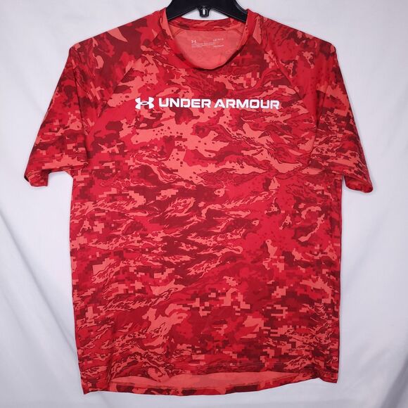 Under Armour T Shirt Mens Large Red Camo UA Tech ABC Loose HeatGear Performance - Picture 1 of 10